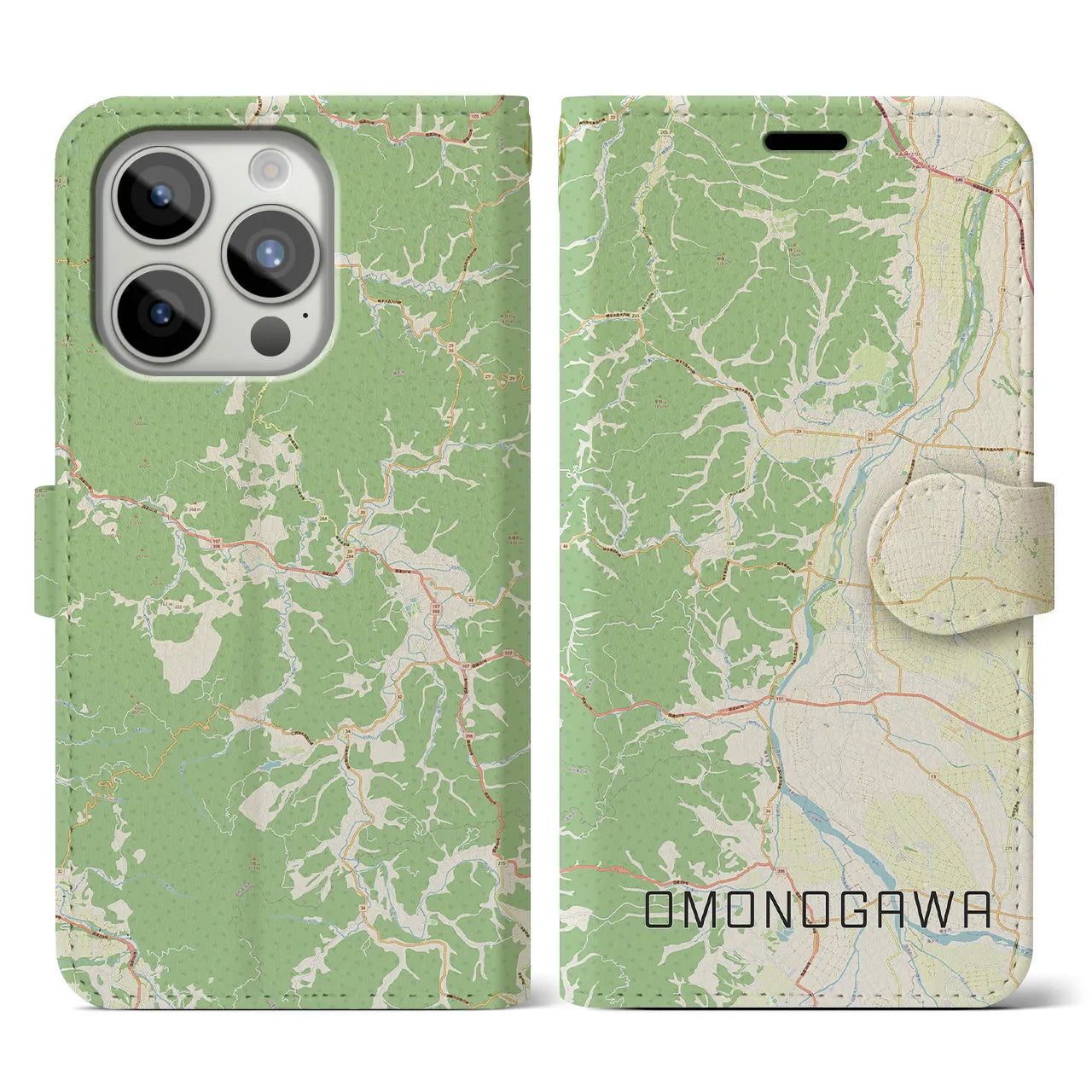 【雄物川(秋田県)】地図柄iPhoneケース(手帳タイプ)ナチュラル・iPhone 15 Pro 用