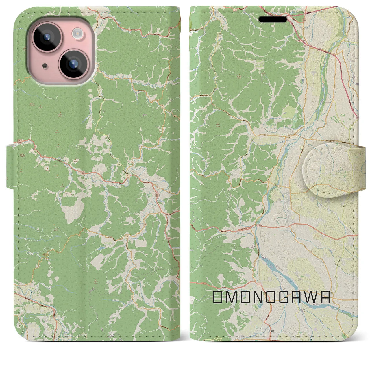 【雄物川(秋田県)】地図柄iPhoneケース(手帳タイプ)ナチュラル・iPhone 15 Plus 用