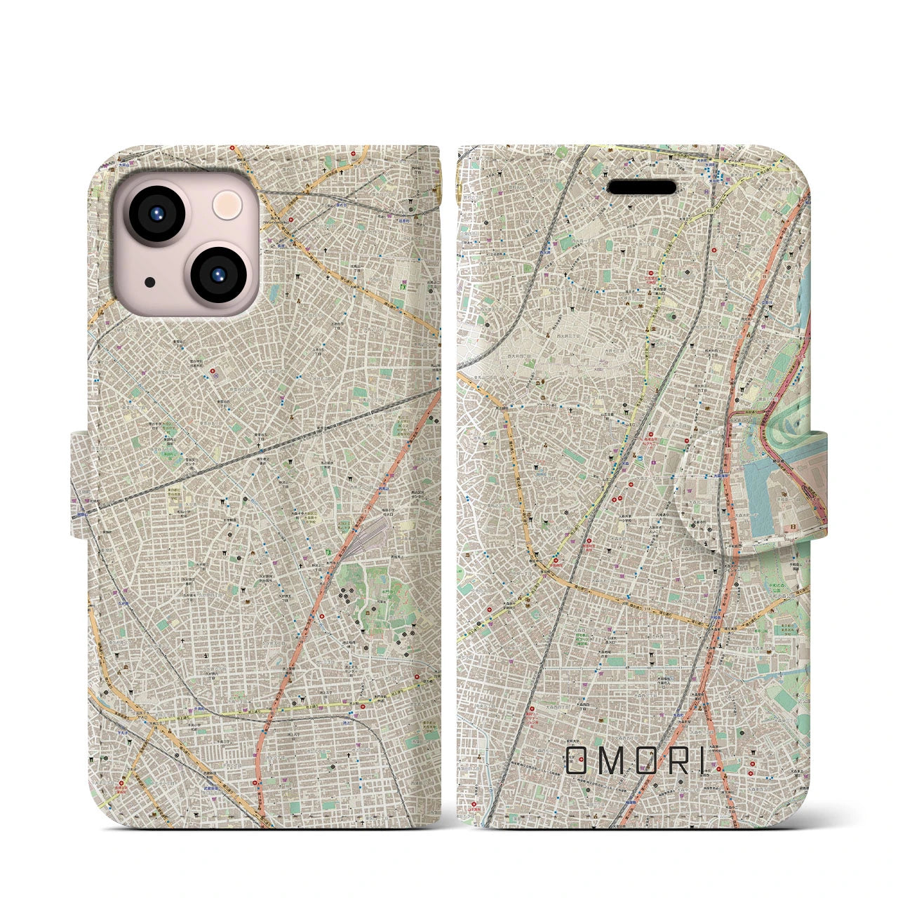 【大森(東京都)】地図柄iPhoneケース(手帳タイプ)ナチュラル・iPhone 13 mini 用