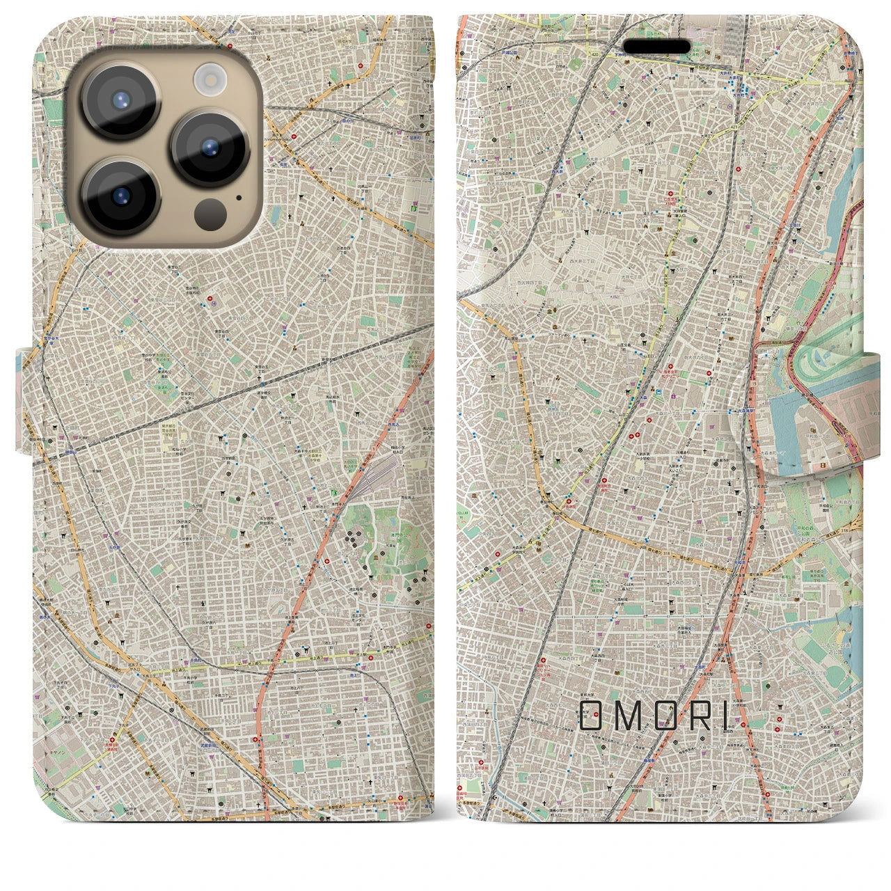 【大森(東京都)】地図柄iPhoneケース(手帳タイプ)ナチュラル・iPhone 14 Pro Max 用