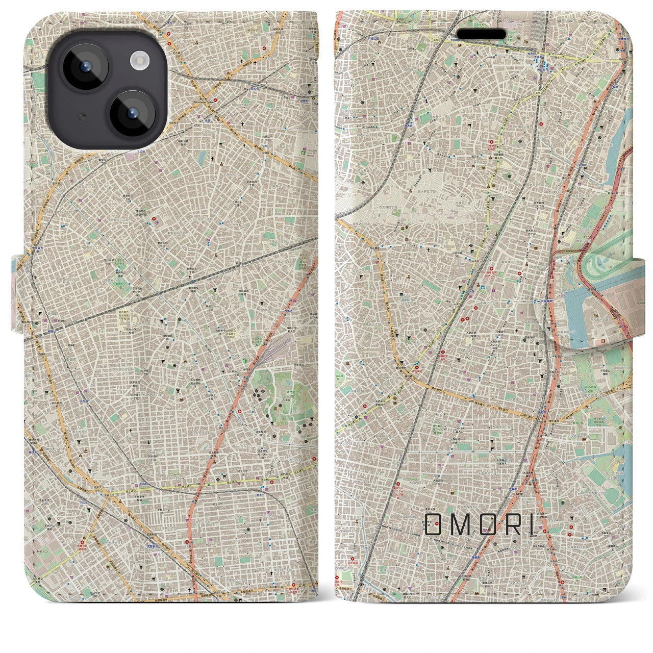 【大森(東京都)】地図柄iPhoneケース(手帳タイプ)ナチュラル・iPhone 14 Plus 用