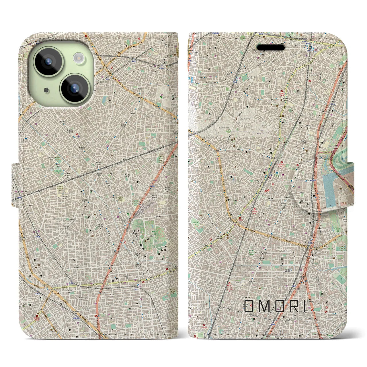 【大森(東京都)】地図柄iPhoneケース(手帳タイプ)ナチュラル・iPhone 15 用
