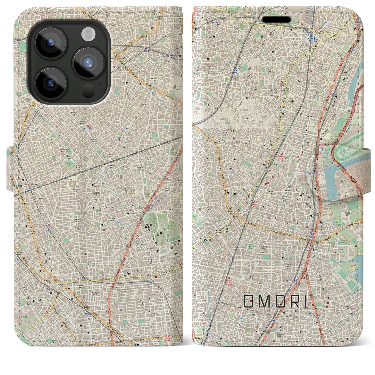 【大森(東京都)】地図柄iPhoneケース(手帳タイプ)ナチュラル・iPhone 15 Pro Max 用