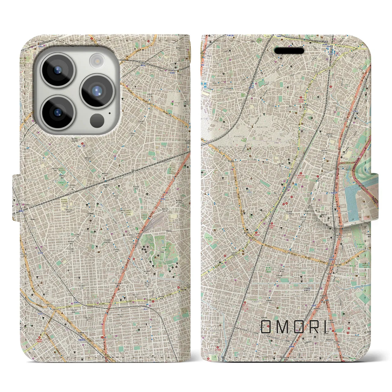 【大森(東京都)】地図柄iPhoneケース(手帳タイプ)ナチュラル・iPhone 15 Pro 用