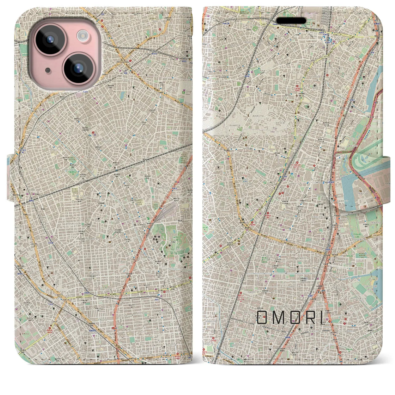 【大森(東京都)】地図柄iPhoneケース(手帳タイプ)ナチュラル・iPhone 15 Plus 用