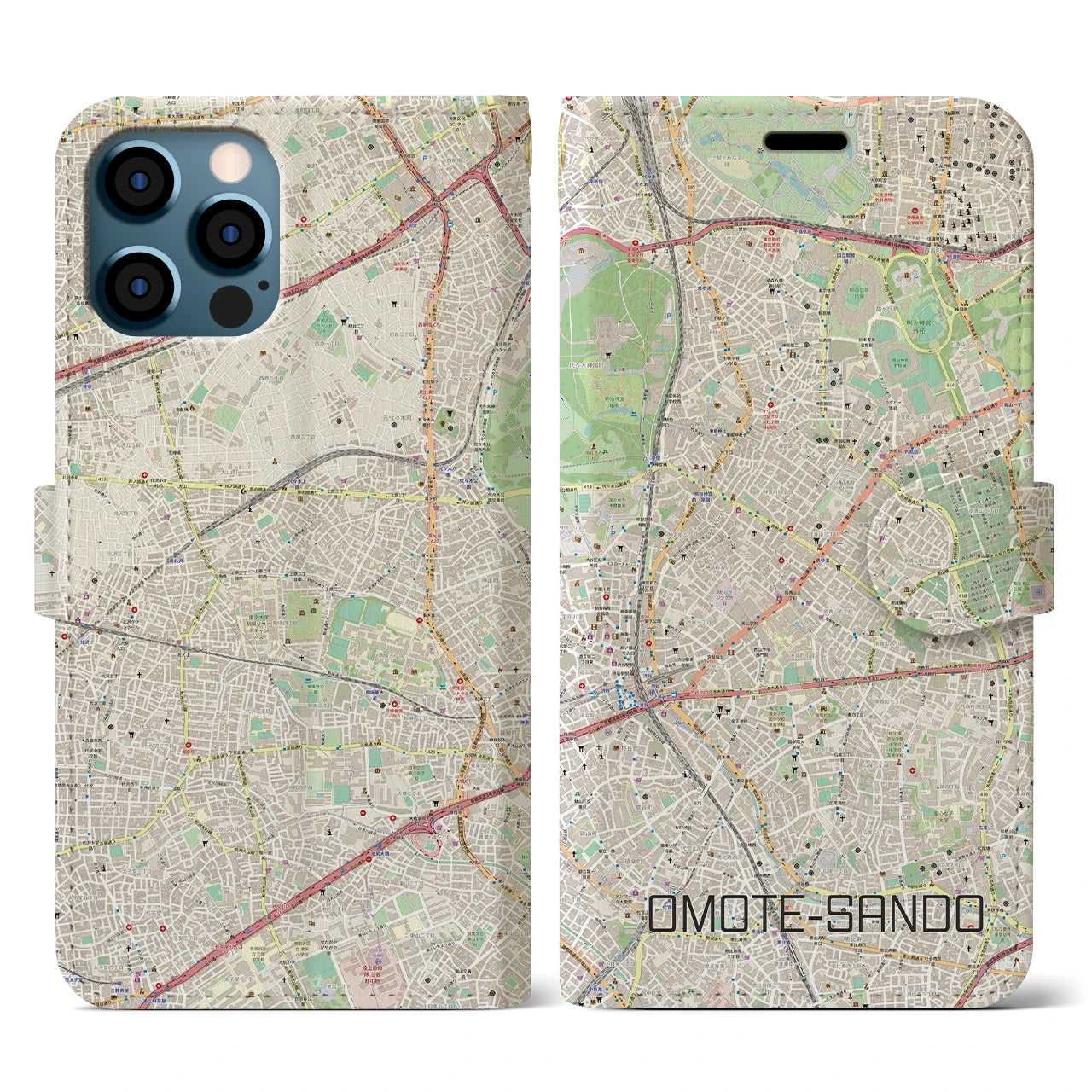 【表参道(東京都)】地図柄iPhoneケース(手帳タイプ)ナチュラル・iPhone 12 / 12 Pro 用