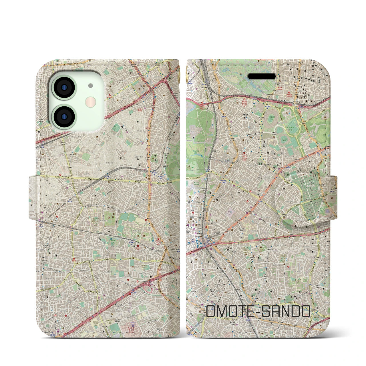 【表参道(東京都)】地図柄iPhoneケース(手帳タイプ)ナチュラル・iPhone 12 mini 用