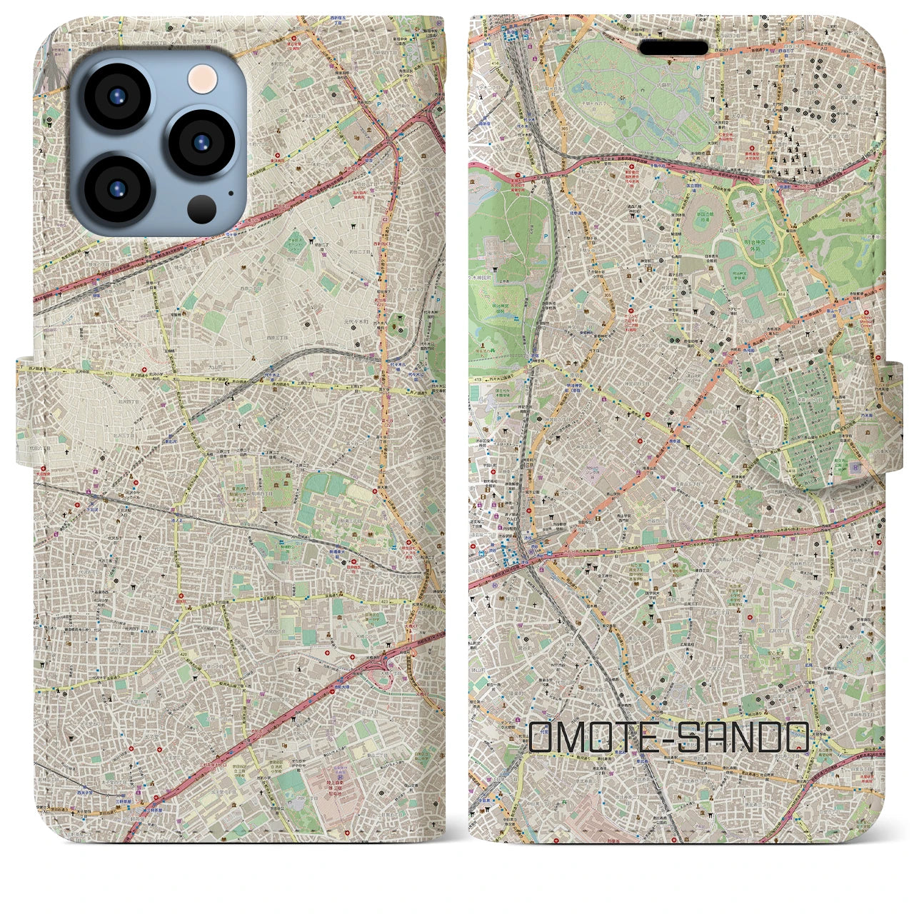 【表参道(東京都)】地図柄iPhoneケース(手帳タイプ)ナチュラル・iPhone 13 Pro Max 用