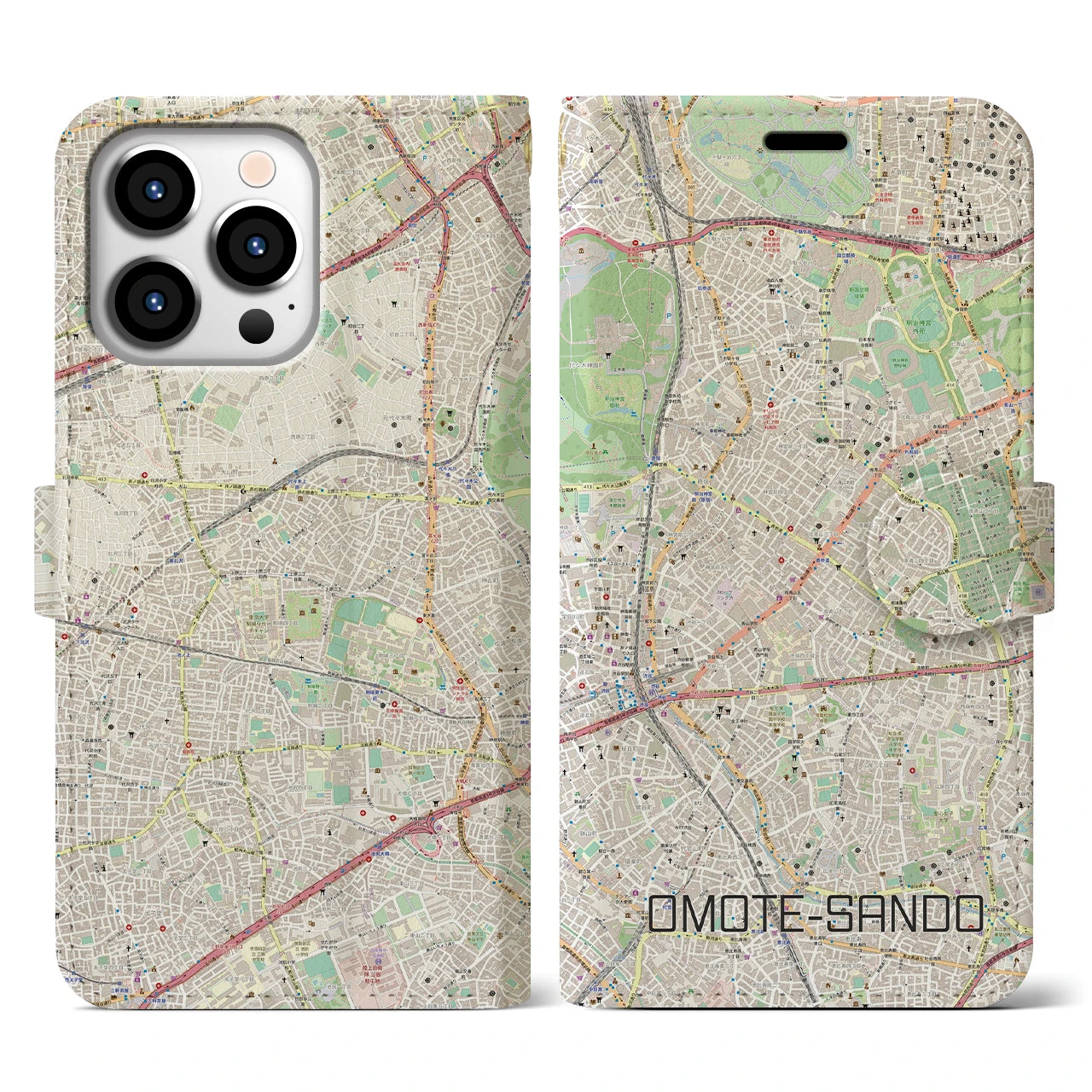 【表参道(東京都)】地図柄iPhoneケース(手帳タイプ)ナチュラル・iPhone 13 Pro 用