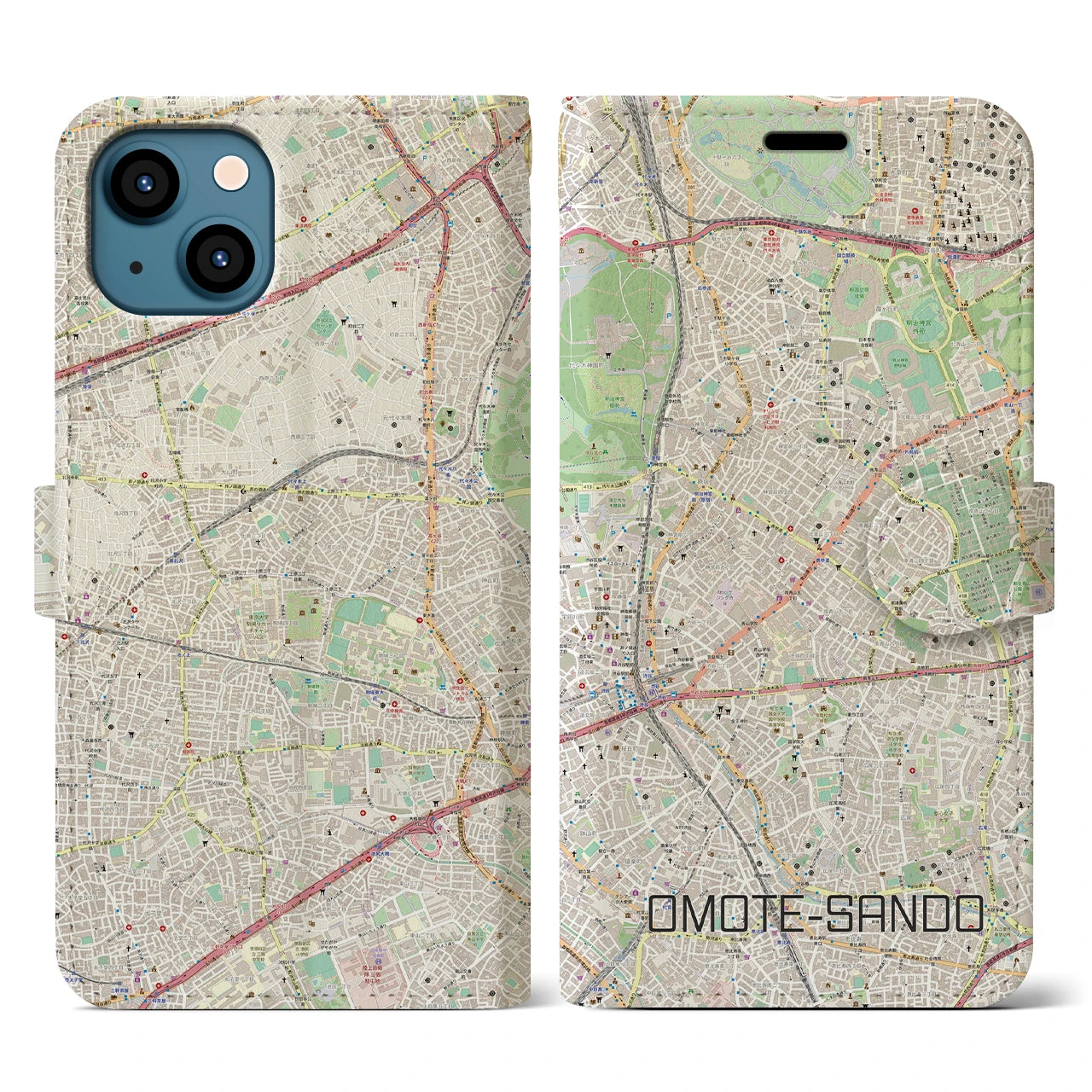 【表参道(東京都)】地図柄iPhoneケース(手帳タイプ)ナチュラル・iPhone 13 用