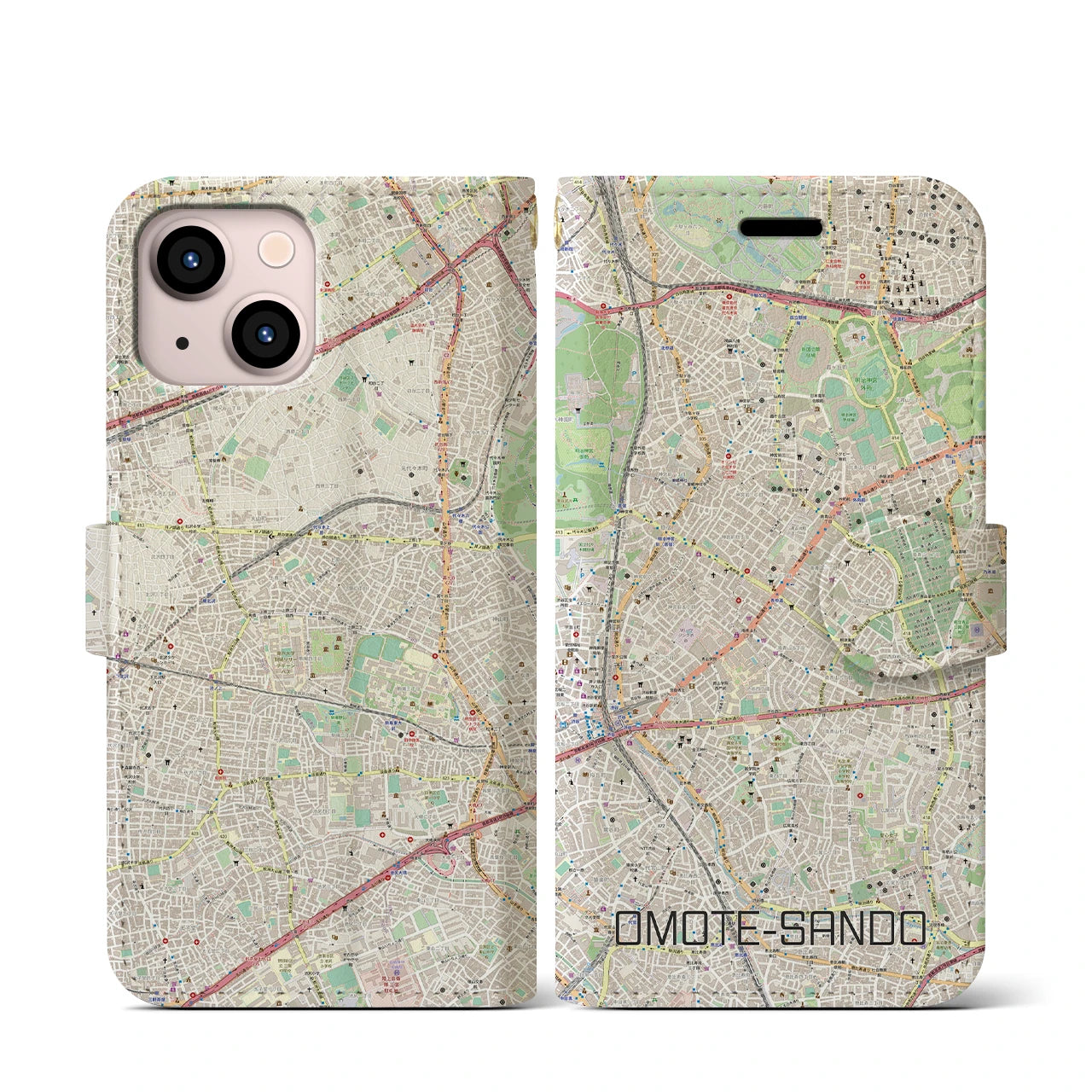【表参道(東京都)】地図柄iPhoneケース(手帳タイプ)ナチュラル・iPhone 13 mini 用