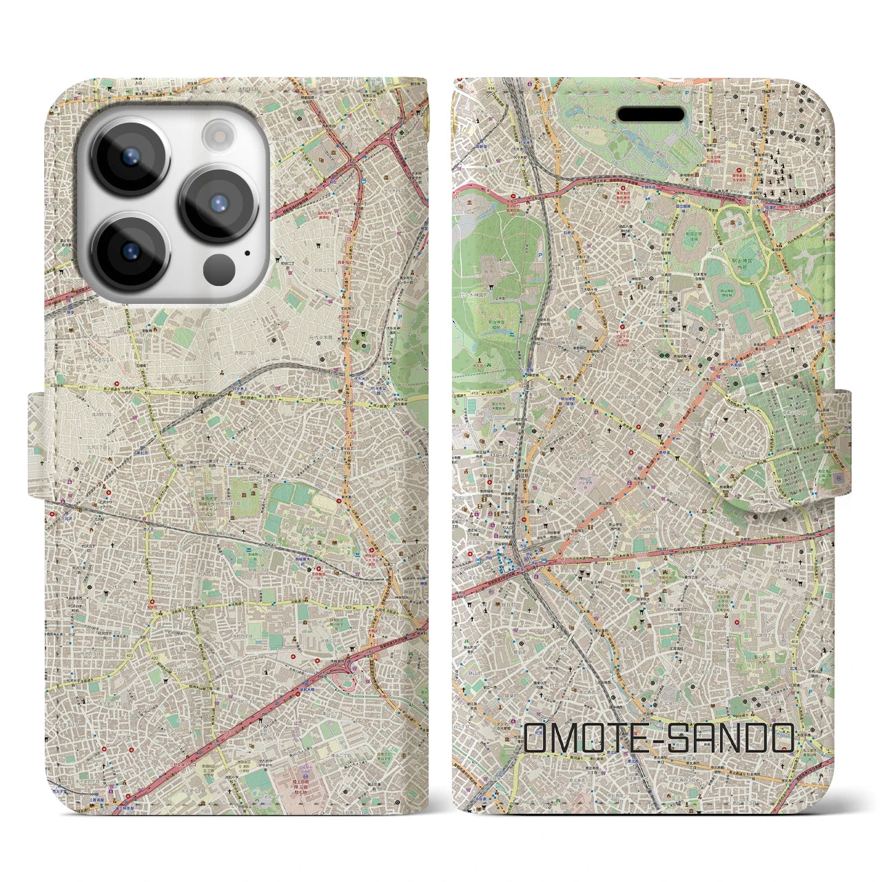 【表参道(東京都)】地図柄iPhoneケース(手帳タイプ)ナチュラル・iPhone 14 Pro 用