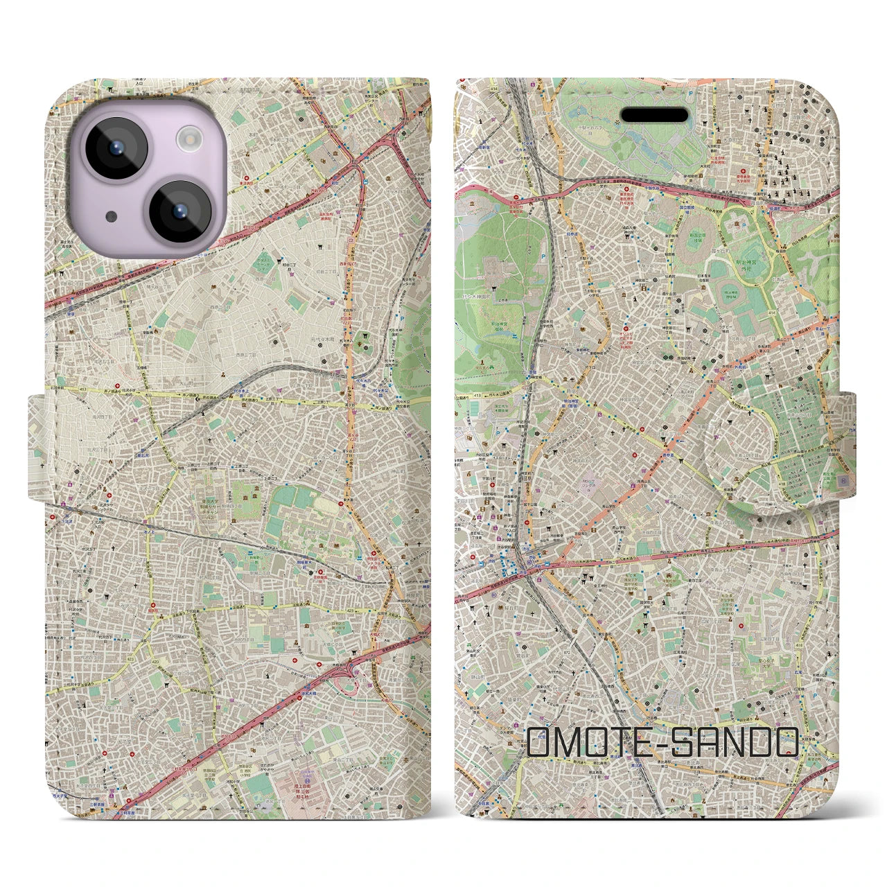 【表参道(東京都)】地図柄iPhoneケース(手帳タイプ)ナチュラル・iPhone 14 用