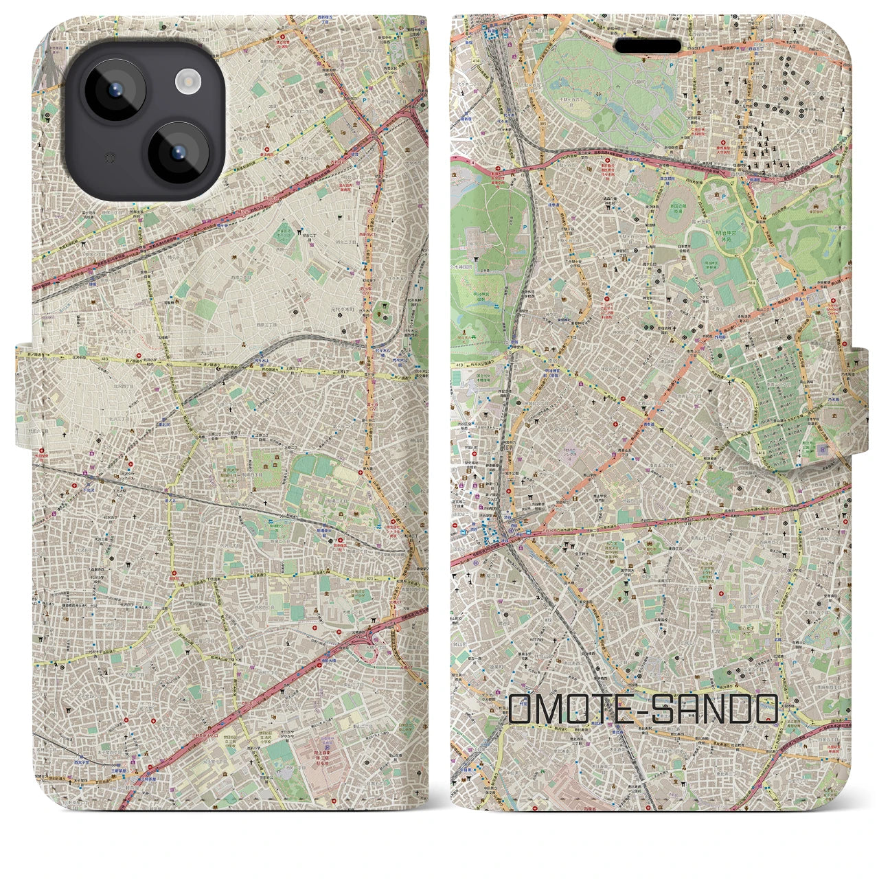 【表参道(東京都)】地図柄iPhoneケース(手帳タイプ)ナチュラル・iPhone 14 Plus 用