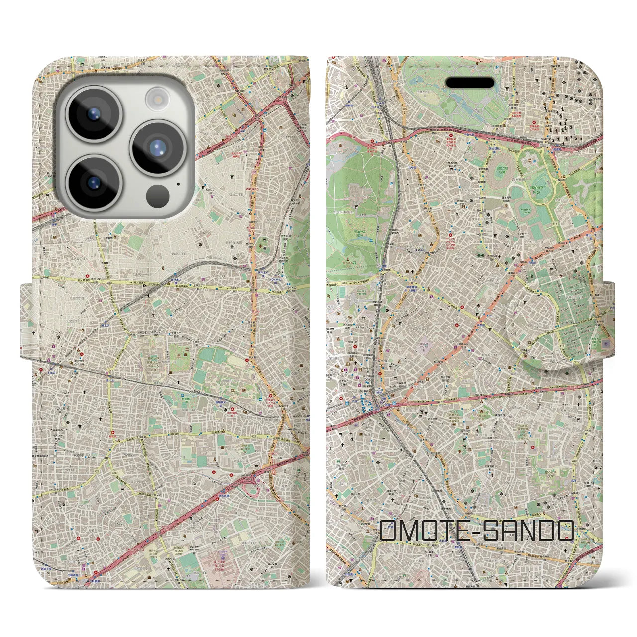 【表参道(東京都)】地図柄iPhoneケース(手帳タイプ)ナチュラル・iPhone 15 Pro 用
