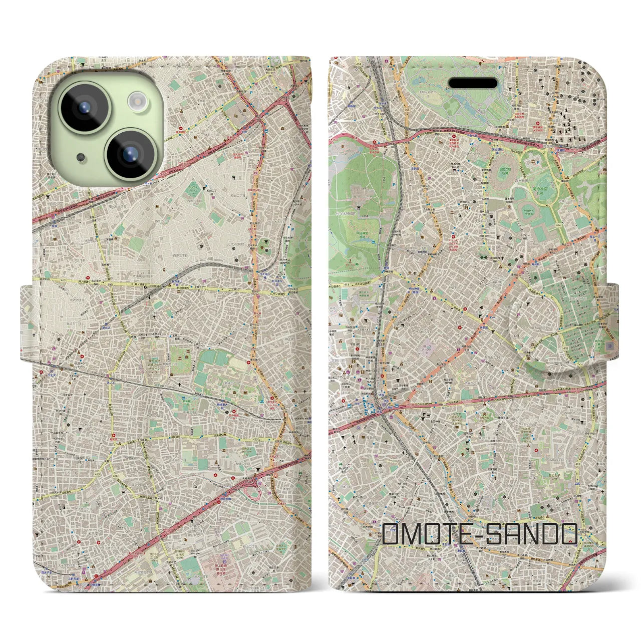 【表参道(東京都)】地図柄iPhoneケース(手帳タイプ)ナチュラル・iPhone 15 用