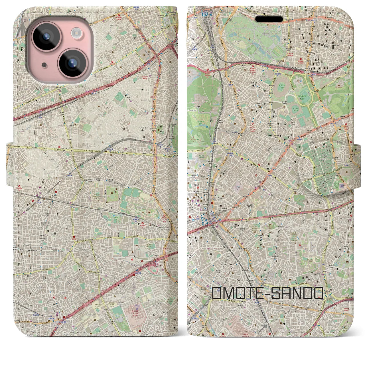 【表参道(東京都)】地図柄iPhoneケース(手帳タイプ)ナチュラル・iPhone 15 Plus 用