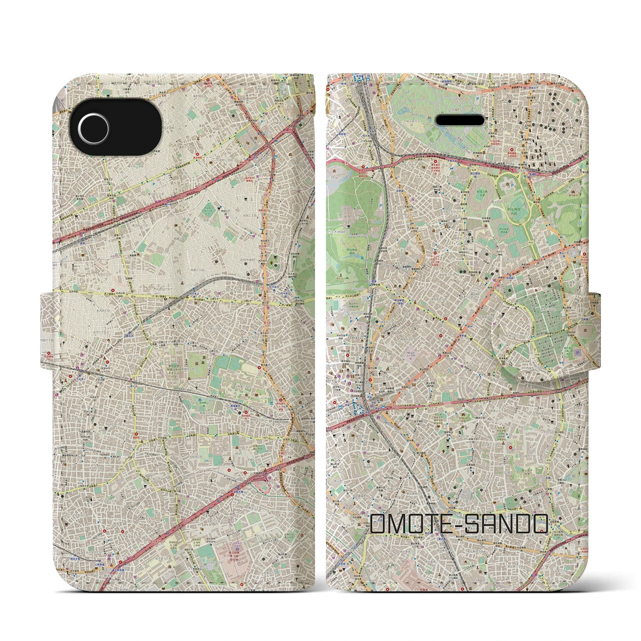 【表参道(東京都)】地図柄iPhoneケース(手帳タイプ)ナチュラル・iPhone SE(第3 / 第2世代) / 8 / 7 / 6s / 6 用
