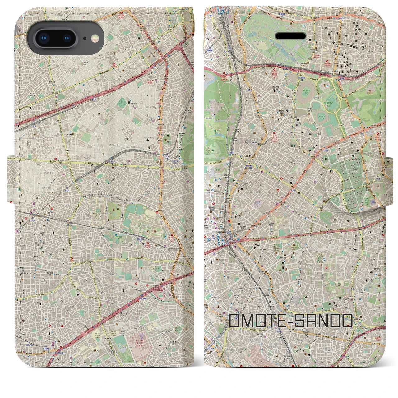 【表参道(東京都)】地図柄iPhoneケース(手帳タイプ)ナチュラル・iPhone 8Plus /7Plus / 6sPlus / 6Plus 用