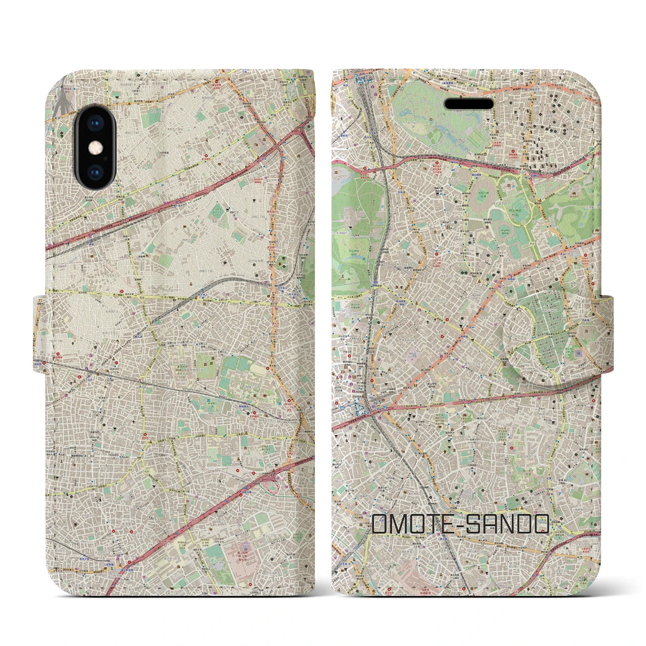 【表参道(東京都)】地図柄iPhoneケース(手帳タイプ)ナチュラル・iPhone XS / X 用