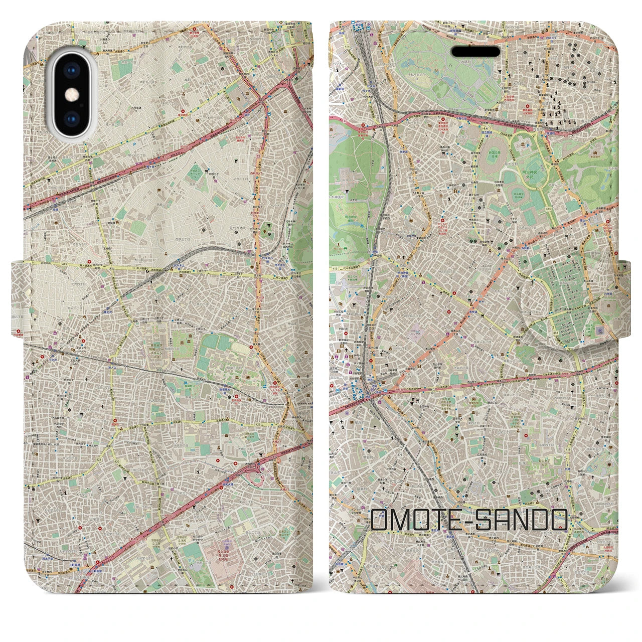 【表参道(東京都)】地図柄iPhoneケース(手帳タイプ)ナチュラル・iPhone XS Max 用