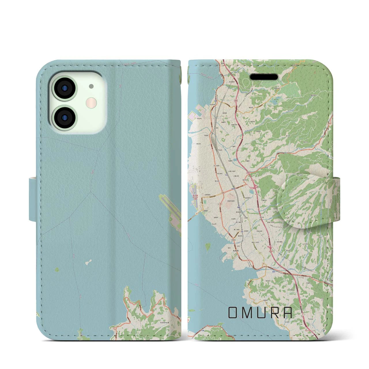 【大村(長崎県)】地図柄iPhoneケース(手帳タイプ)ナチュラル・iPhone 12 mini 用