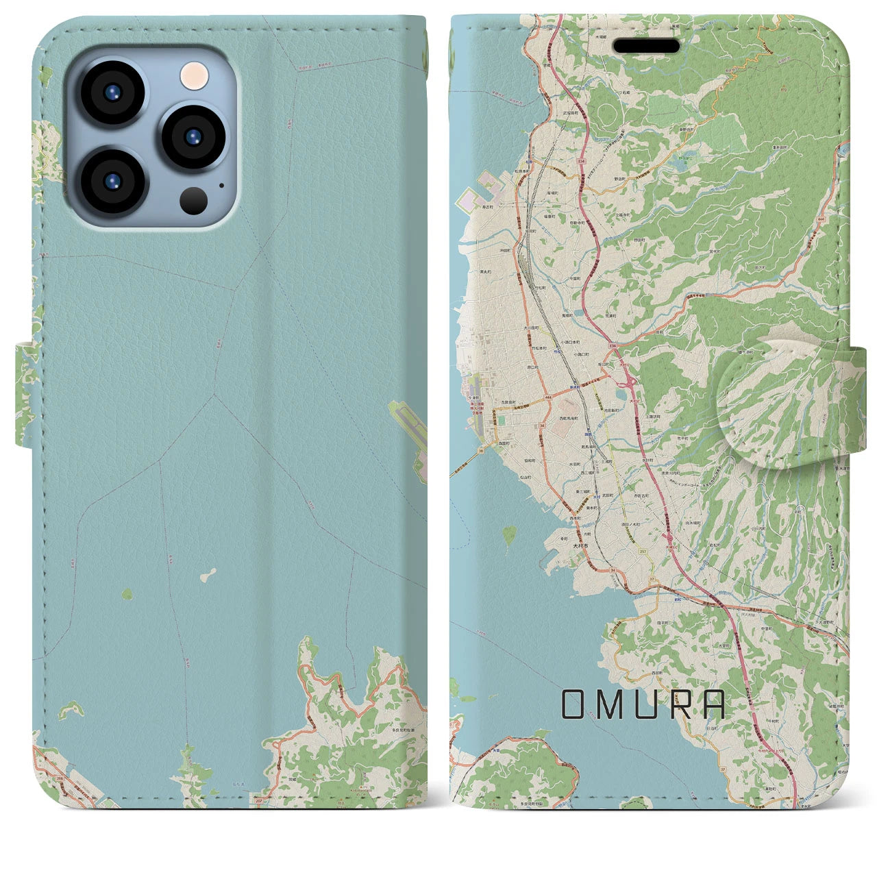【大村(長崎県)】地図柄iPhoneケース(手帳タイプ)ナチュラル・iPhone 13 Pro Max 用