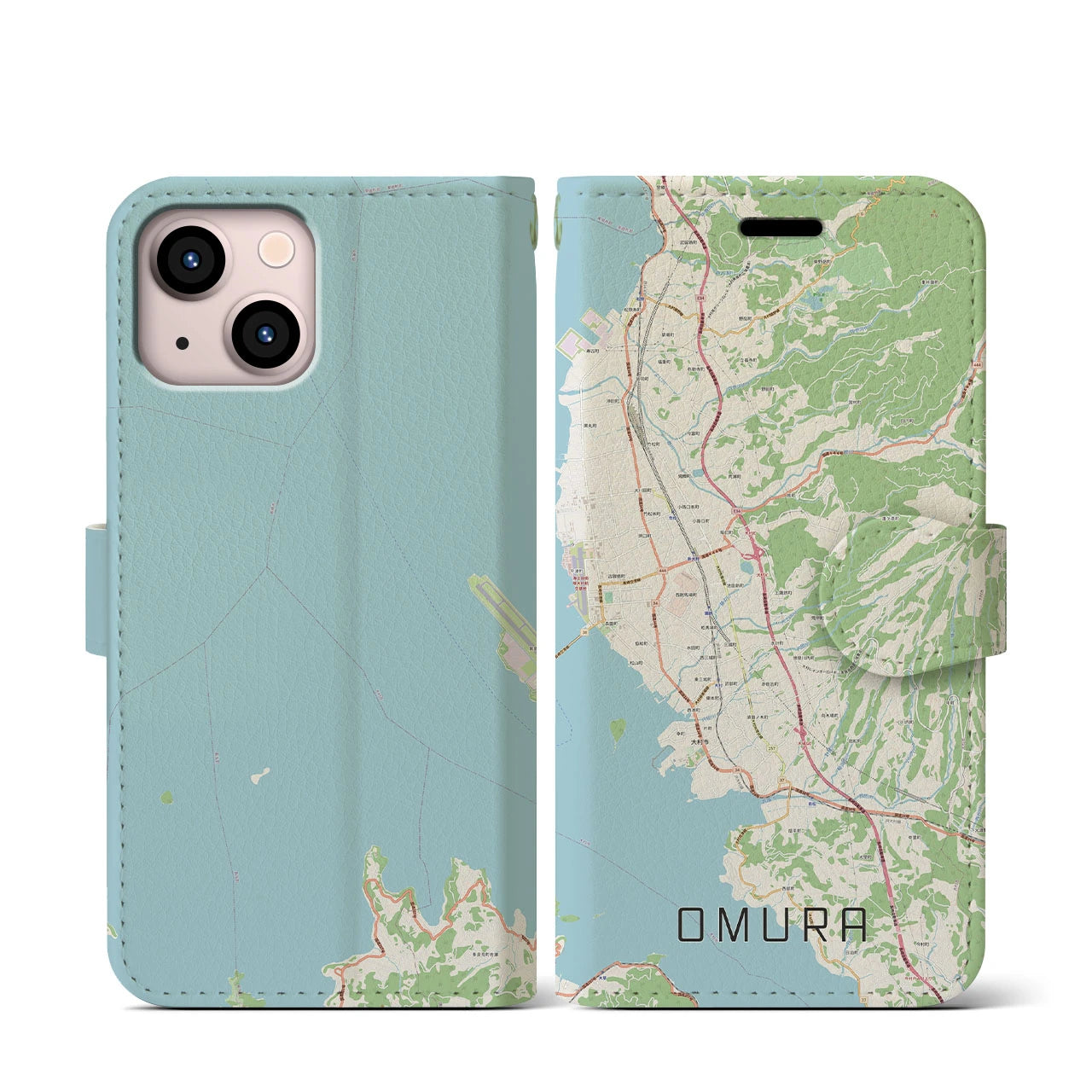 【大村(長崎県)】地図柄iPhoneケース(手帳タイプ)ナチュラル・iPhone 13 mini 用