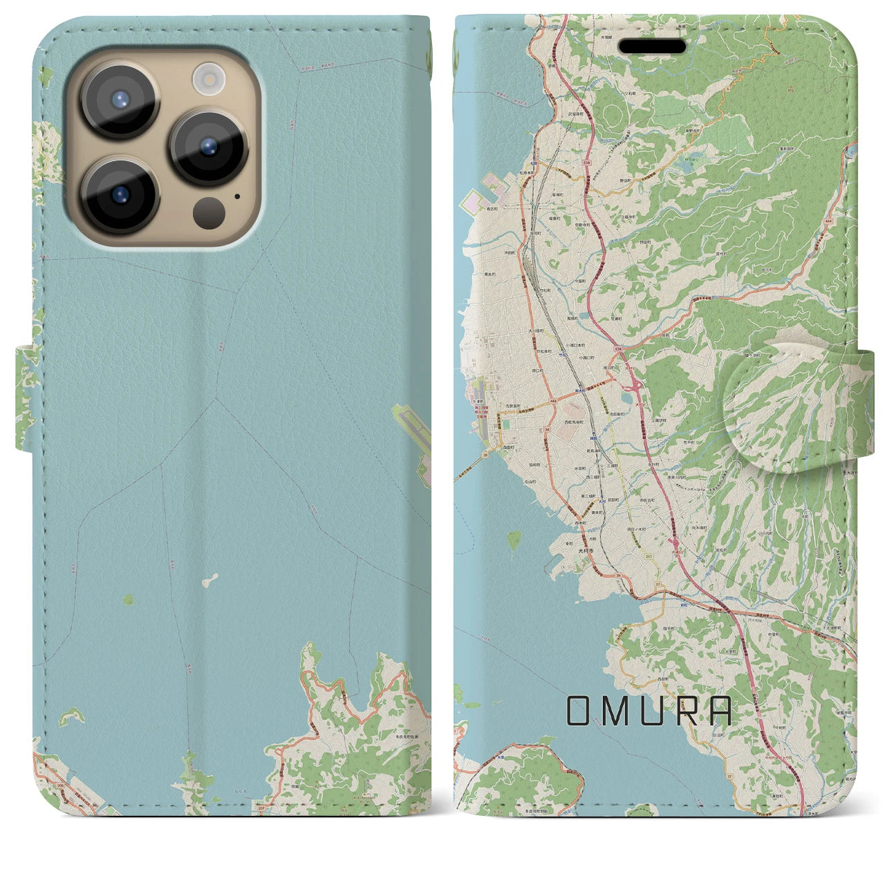 【大村(長崎県)】地図柄iPhoneケース(手帳タイプ)ナチュラル・iPhone 14 Pro Max 用