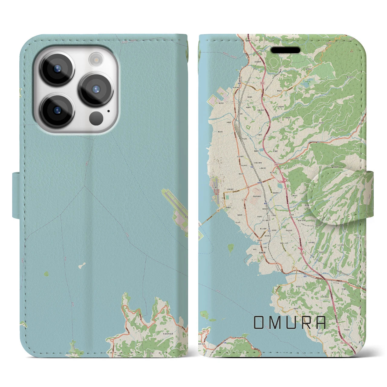 【大村(長崎県)】地図柄iPhoneケース(手帳タイプ)ナチュラル・iPhone 14 Pro 用