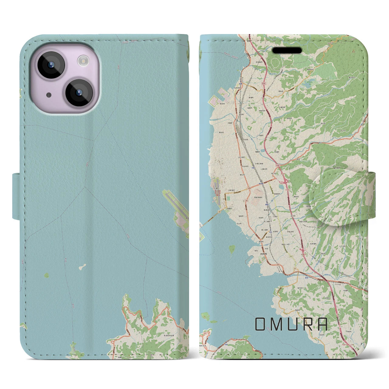 【大村(長崎県)】地図柄iPhoneケース(手帳タイプ)ナチュラル・iPhone 14 用