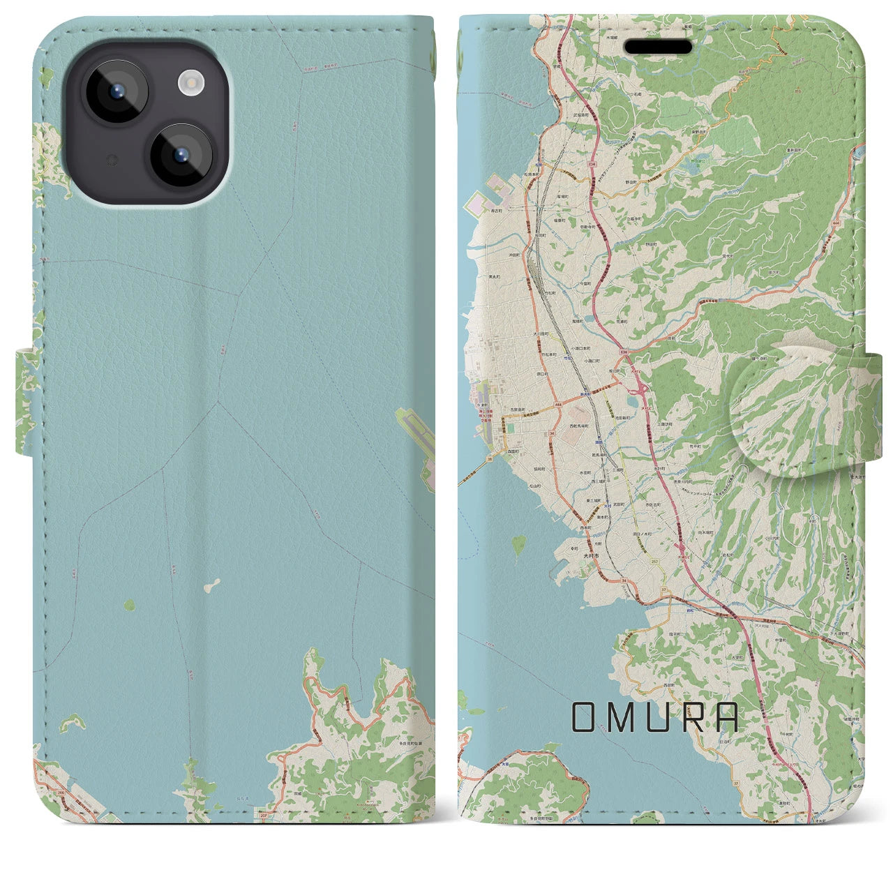【大村(長崎県)】地図柄iPhoneケース(手帳タイプ)ナチュラル・iPhone 14 Plus 用