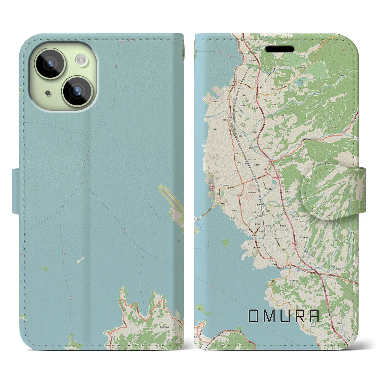 【大村(長崎県)】地図柄iPhoneケース(手帳タイプ)ナチュラル・iPhone 15 用