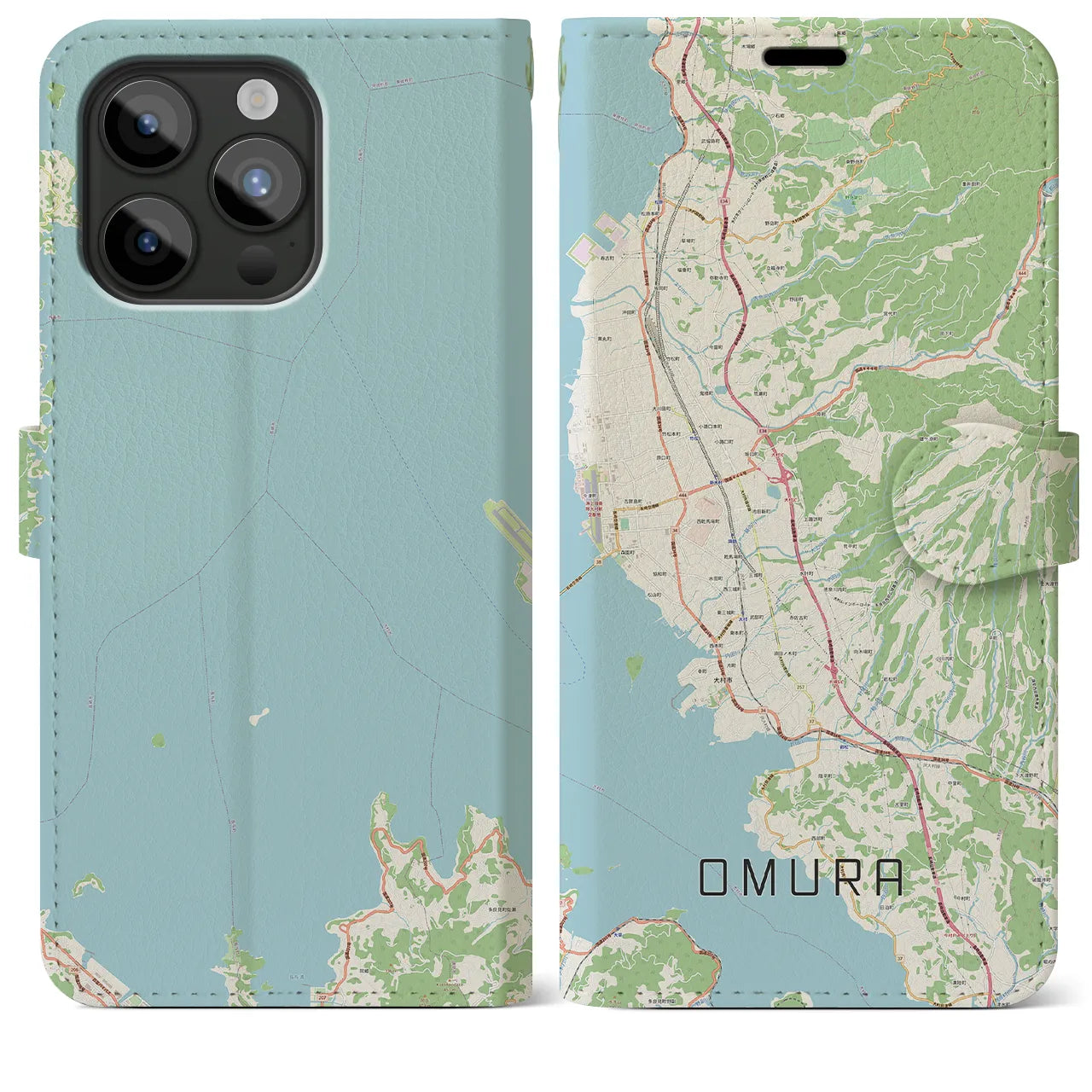 【大村(長崎県)】地図柄iPhoneケース(手帳タイプ)ナチュラル・iPhone 15 Pro Max 用
