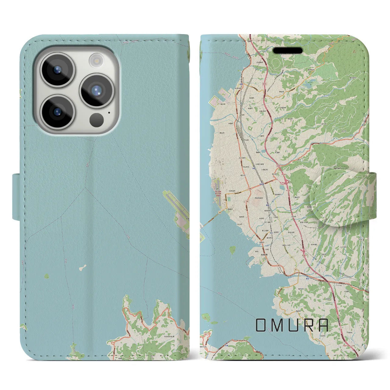 【大村(長崎県)】地図柄iPhoneケース(手帳タイプ)ナチュラル・iPhone 15 Pro 用