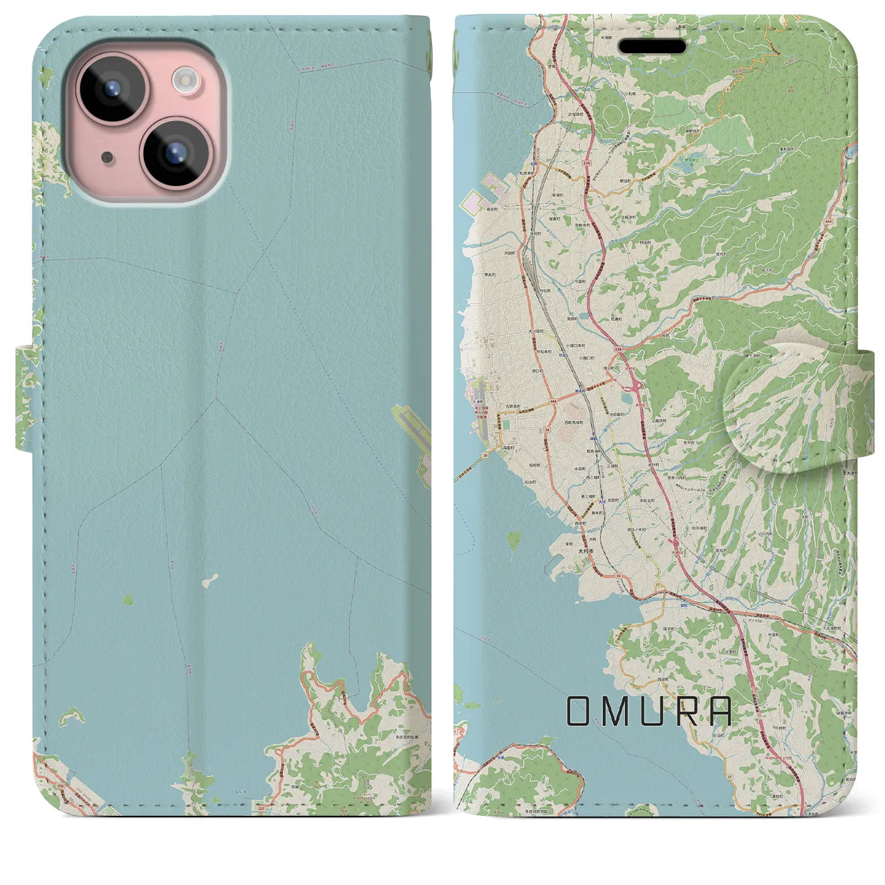 【大村(長崎県)】地図柄iPhoneケース(手帳タイプ)ナチュラル・iPhone 15 Plus 用