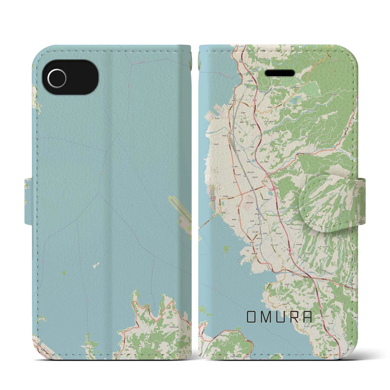 【大村(長崎県)】地図柄iPhoneケース(手帳タイプ)ナチュラル・iPhone SE(第3 / 第2世代) / 8 / 7 / 6s / 6 用