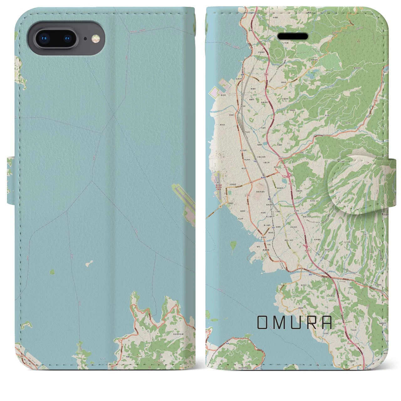 【大村(長崎県)】地図柄iPhoneケース(手帳タイプ)ナチュラル・iPhone 8Plus /7Plus / 6sPlus / 6Plus 用