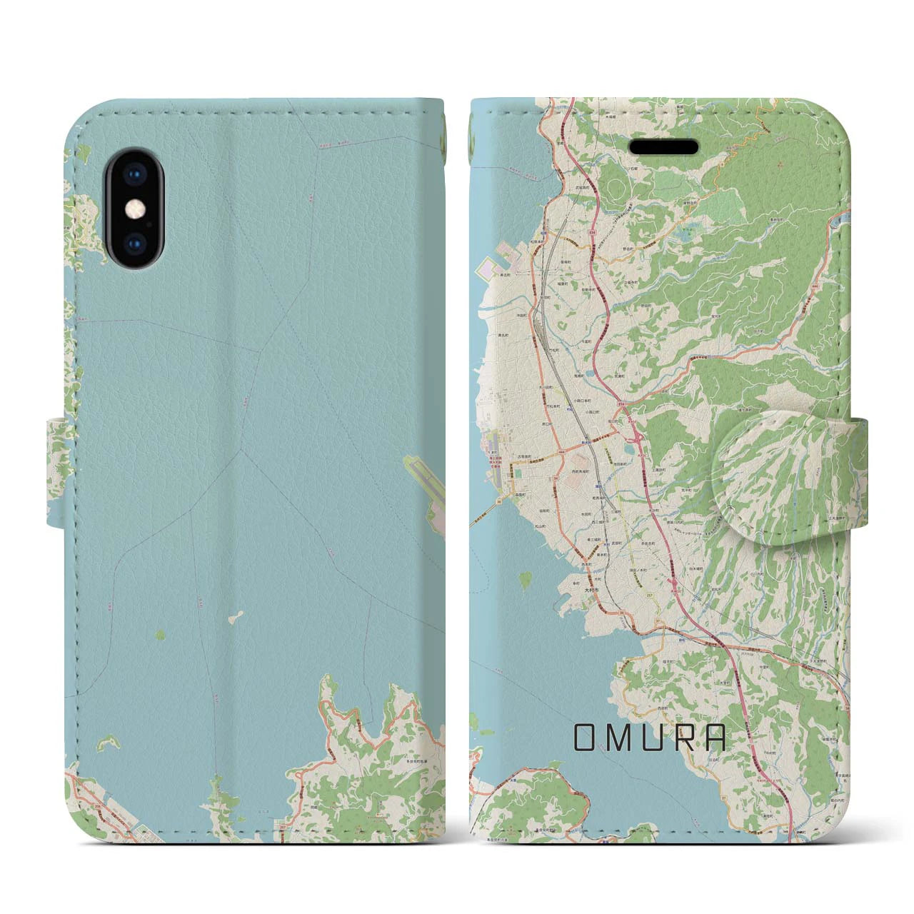 【大村(長崎県)】地図柄iPhoneケース(手帳タイプ)ナチュラル・iPhone XS / X 用