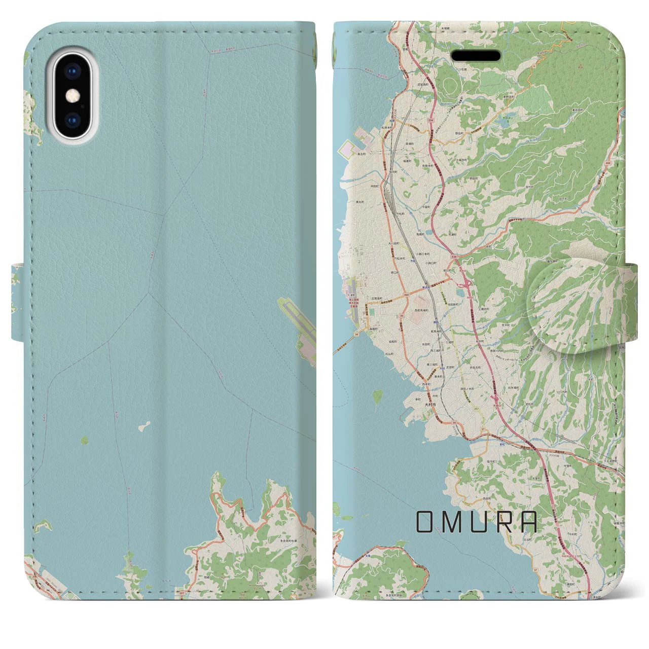 【大村(長崎県)】地図柄iPhoneケース(手帳タイプ)ナチュラル・iPhone XS Max 用