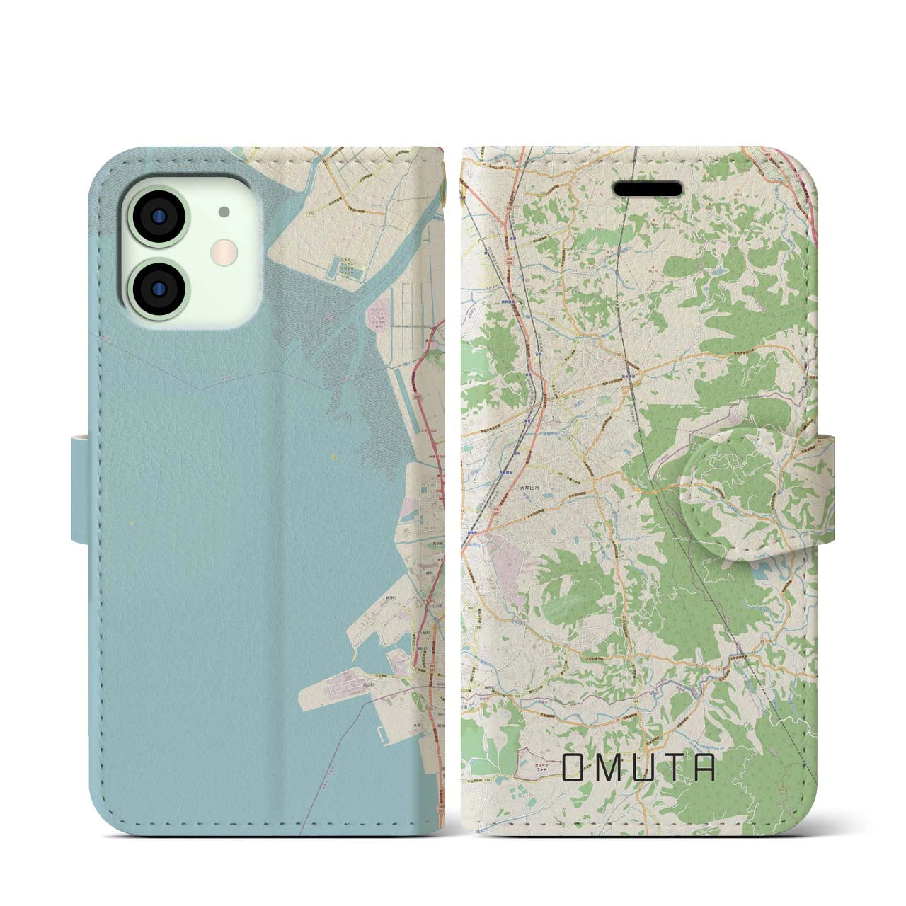 【大牟田(福岡県)】地図柄iPhoneケース(手帳タイプ)ナチュラル・iPhone 12 mini 用