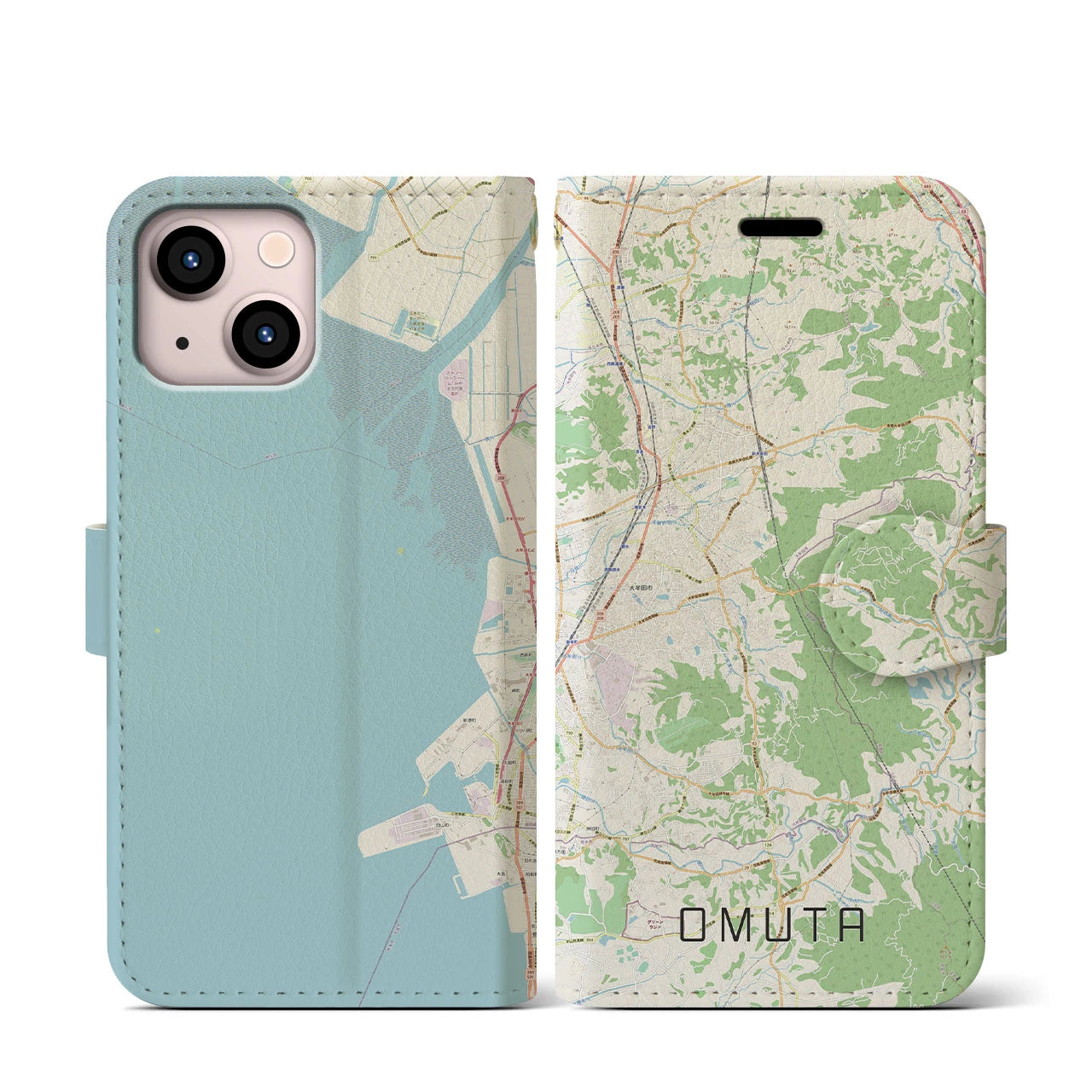 【大牟田(福岡県)】地図柄iPhoneケース(手帳タイプ)ナチュラル・iPhone 13 mini 用