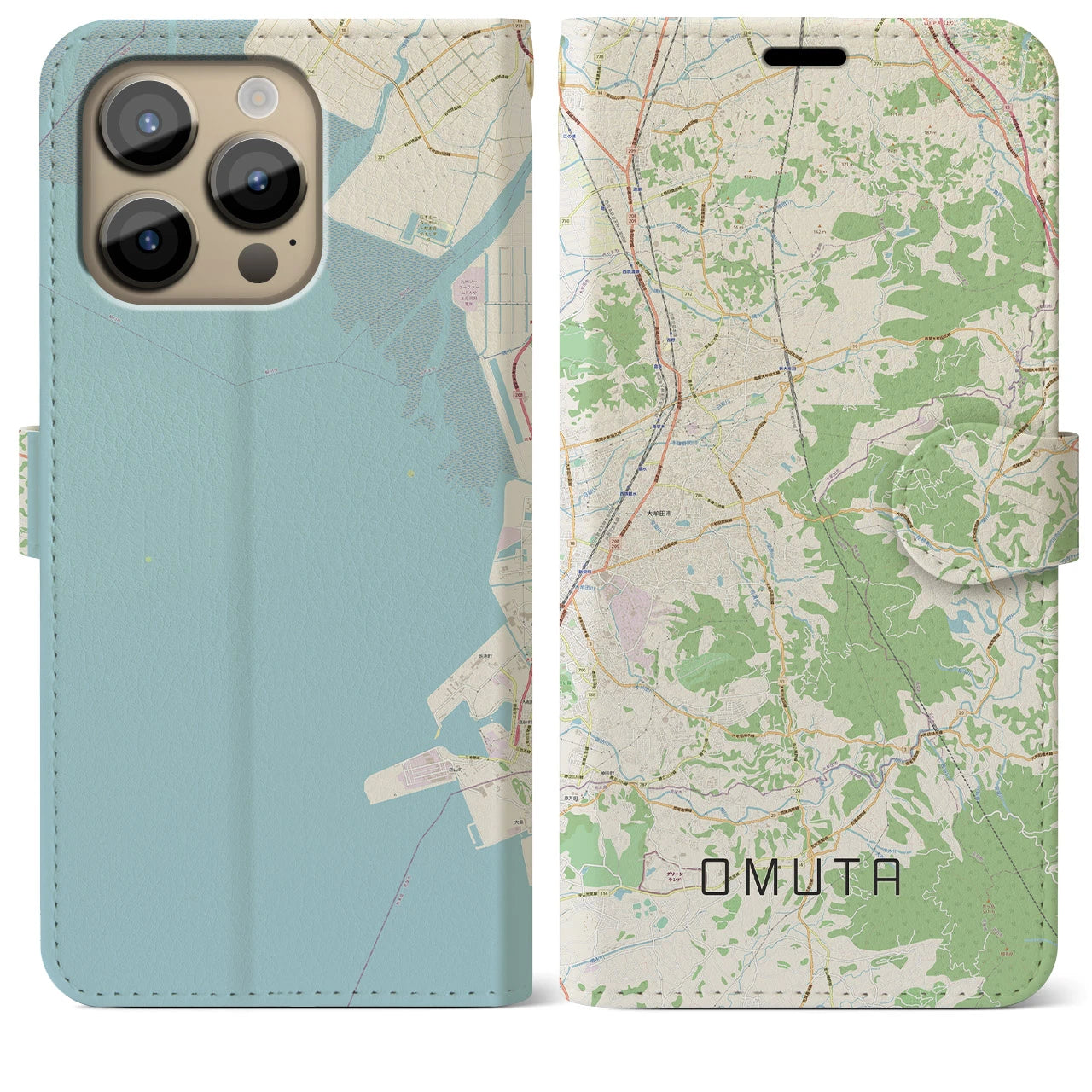 【大牟田(福岡県)】地図柄iPhoneケース(手帳タイプ)ナチュラル・iPhone 14 Pro Max 用