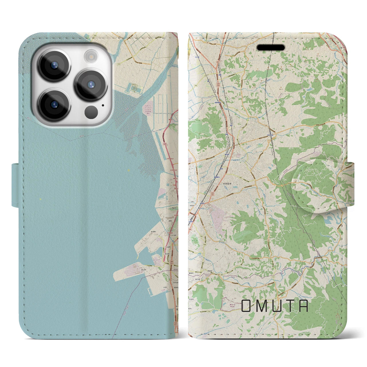 【大牟田(福岡県)】地図柄iPhoneケース(手帳タイプ)ナチュラル・iPhone 14 Pro 用