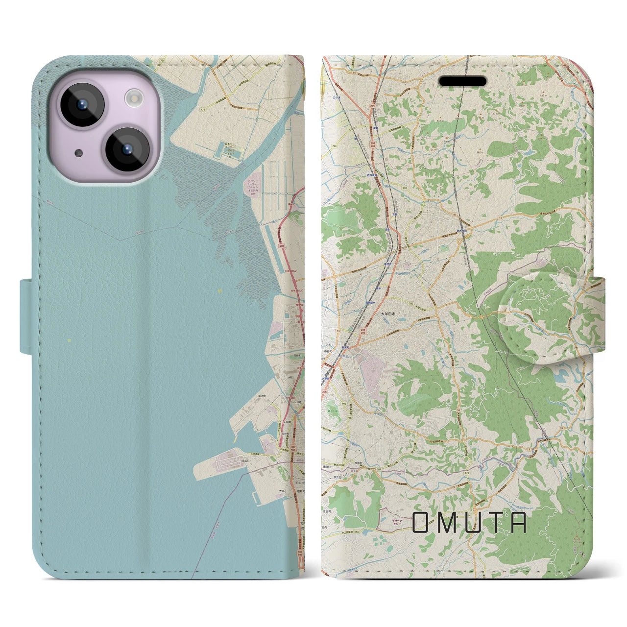 【大牟田(福岡県)】地図柄iPhoneケース(手帳タイプ)ナチュラル・iPhone 14 用