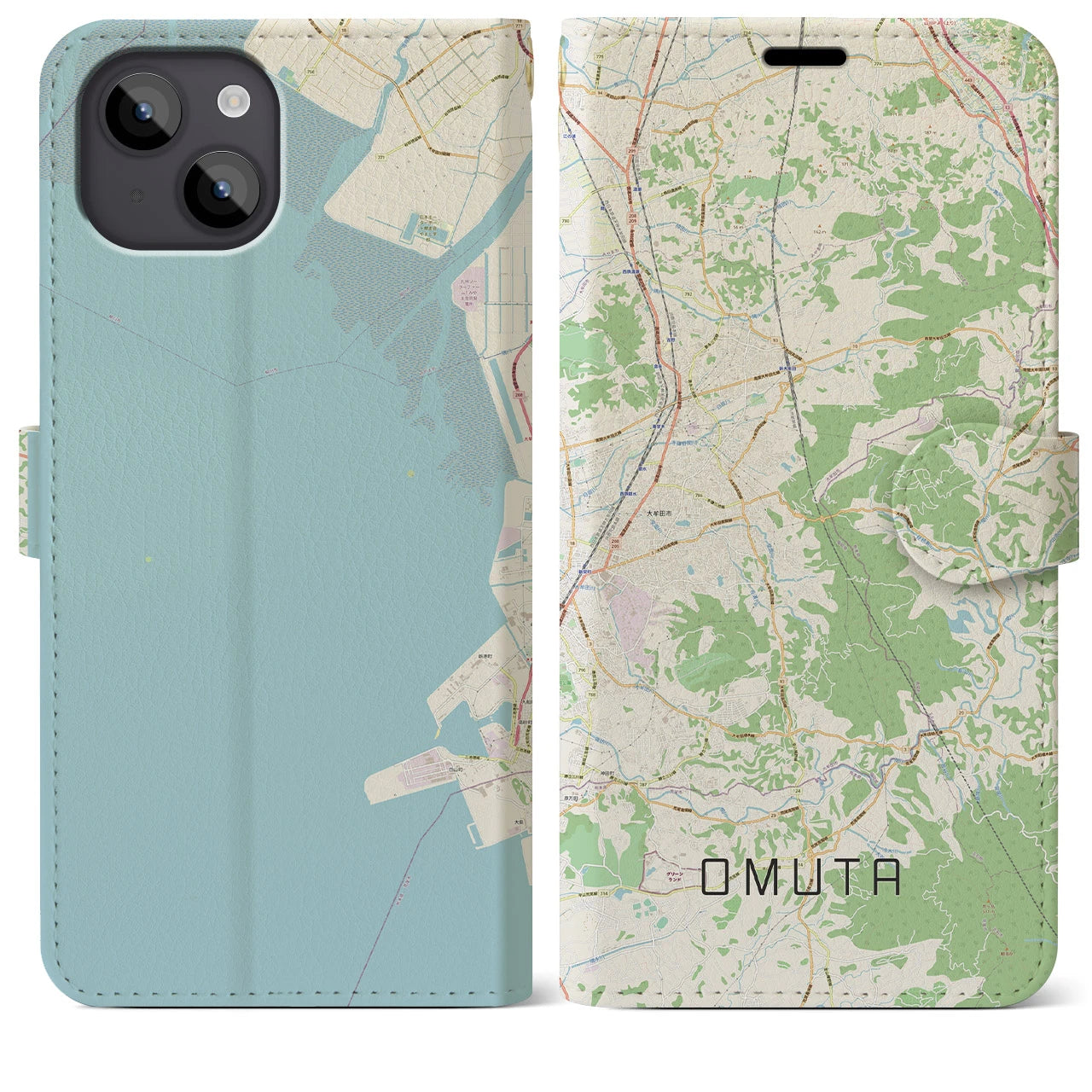 【大牟田(福岡県)】地図柄iPhoneケース(手帳タイプ)ナチュラル・iPhone 14 Plus 用