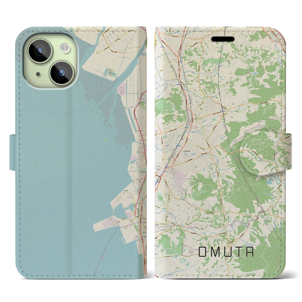 【大牟田(福岡県)】地図柄iPhoneケース(手帳タイプ)ナチュラル・iPhone 15 用