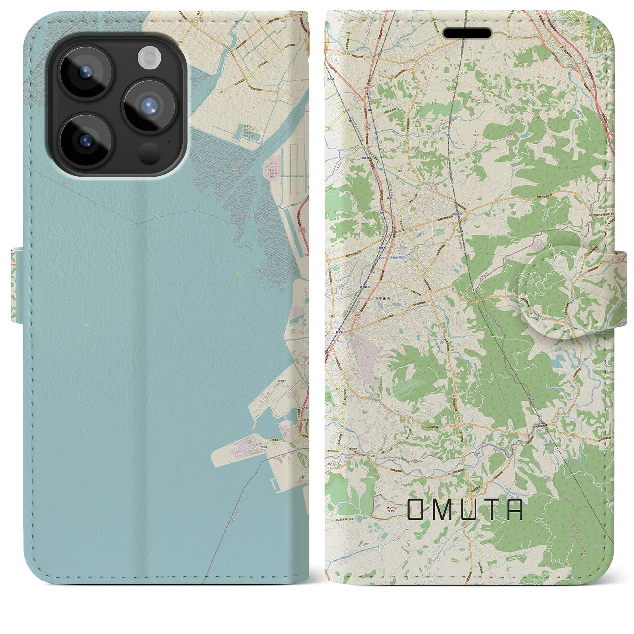 【大牟田(福岡県)】地図柄iPhoneケース(手帳タイプ)ナチュラル・iPhone 15 Pro Max 用