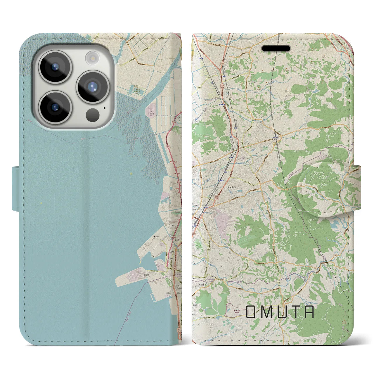 【大牟田(福岡県)】地図柄iPhoneケース(手帳タイプ)ナチュラル・iPhone 15 Pro 用