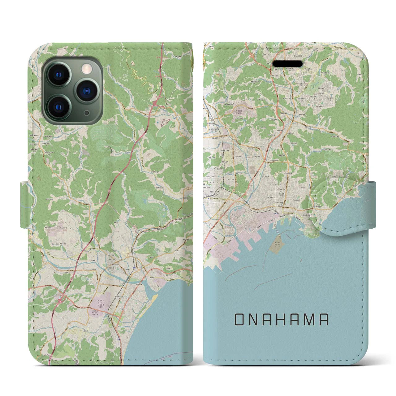 【小名浜(福島県)】地図柄iPhoneケース(手帳タイプ)ナチュラル・iPhone 11 Pro 用